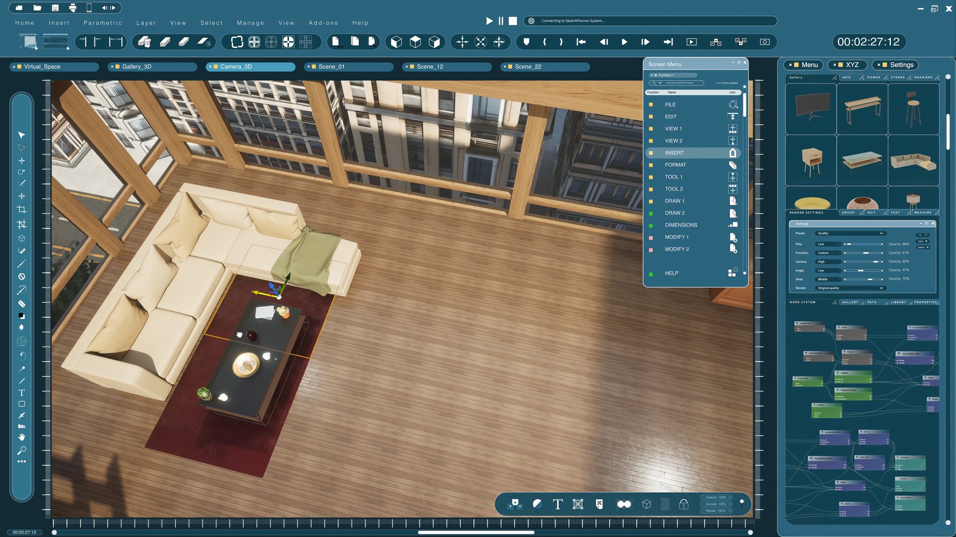 Assets being moved in 3D modeling program by architectural designer in rendered apartment for interior design project. CAD software interface used for making home floor plans and virtual furniture