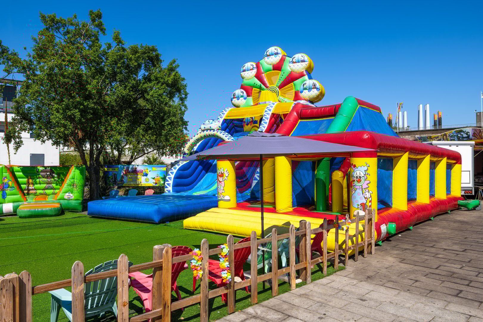 Saint Nazaire, France - August 4, 2025: Colorful inflatable playground in Saint Nazaire, Brittany, with slides and climbing structures.