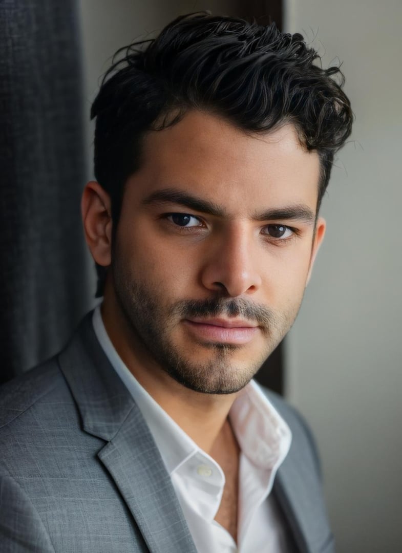 A man with dark hair and a beard wearing a gray suit and white shirt, looking directly at the camera with a neutral expression.