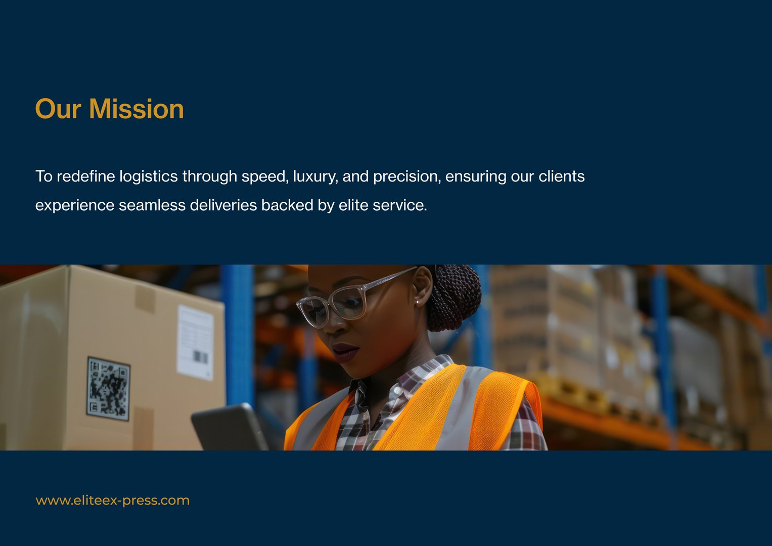Woman in a warehouse wearing a safety vest and glasses, holding a tablet. Text about logistics mission on the image.