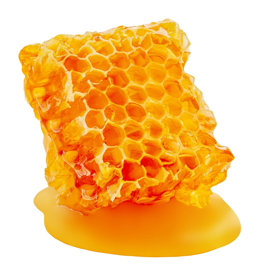 Honeycomb with flowing liquid honey syrup isolated on white background. Honey Flat lay. Top view. Sweet Food concept.