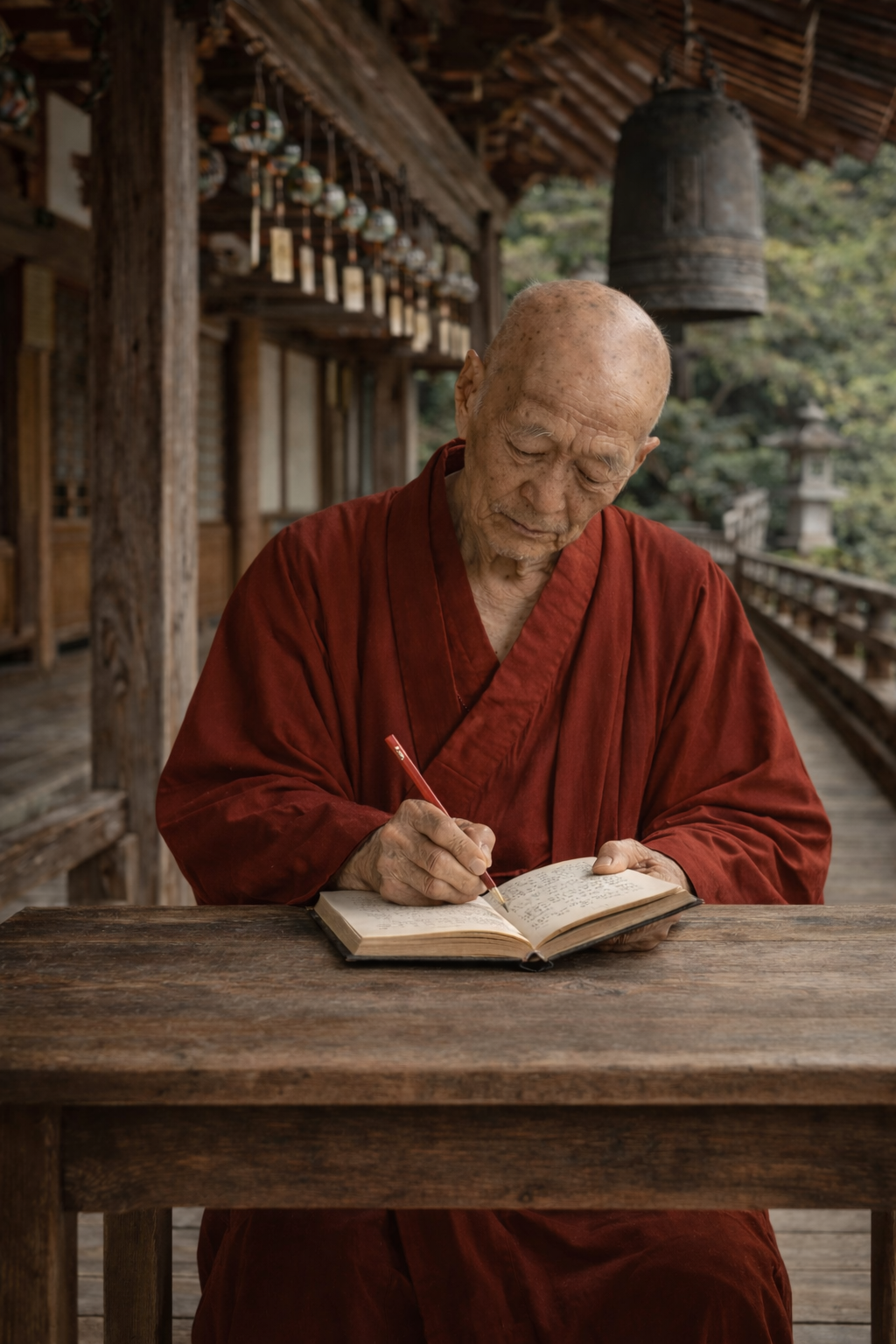 Monk walking toward temple ruins