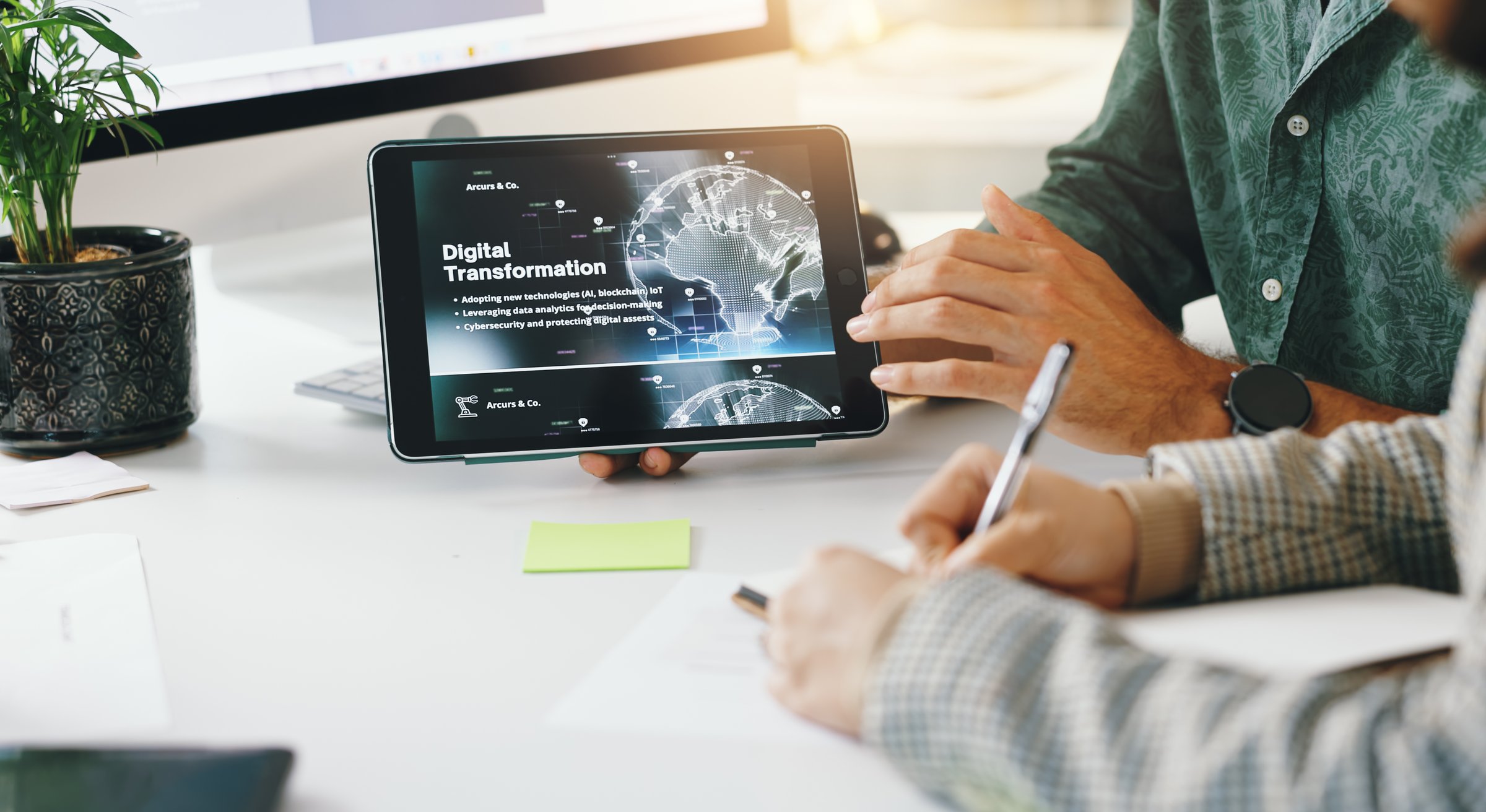 Digital transformation, tablet screen and meeting with hands of business people for ai automation, connection and future. Planning, iot networking and algorithm programmer with closeup of employees