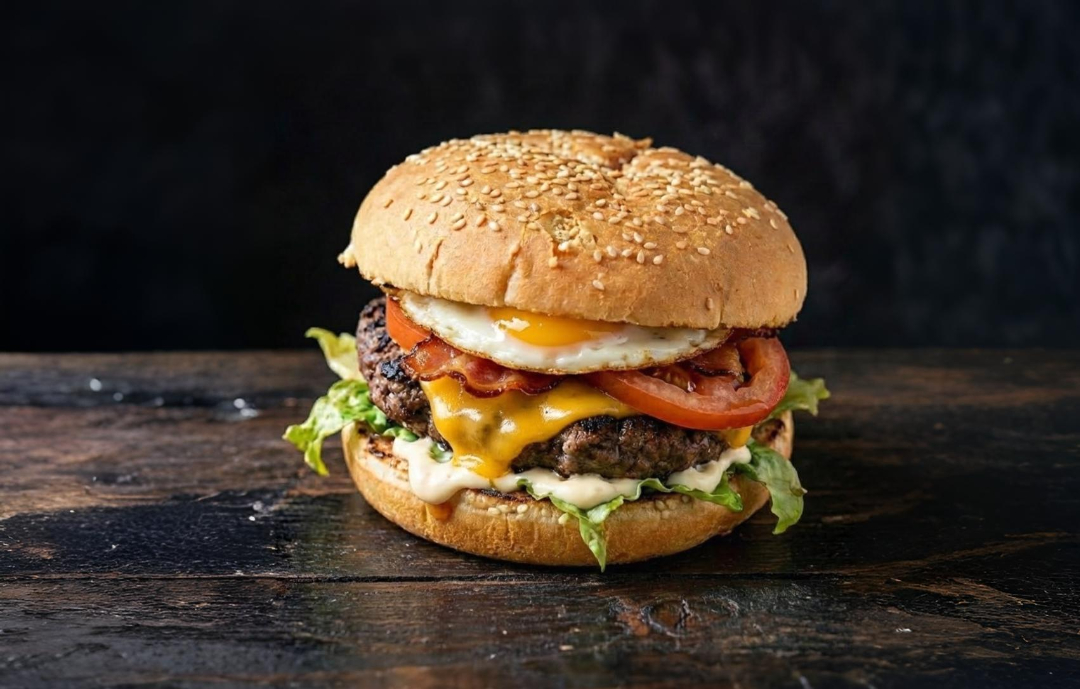 Juicy burger stacked with crispy bacon, melted cheddar cheese, pulled pork, lettuce, tomato, pickles, and grilled bun served on vintage-style paper with soft cloth in background and glass of beer