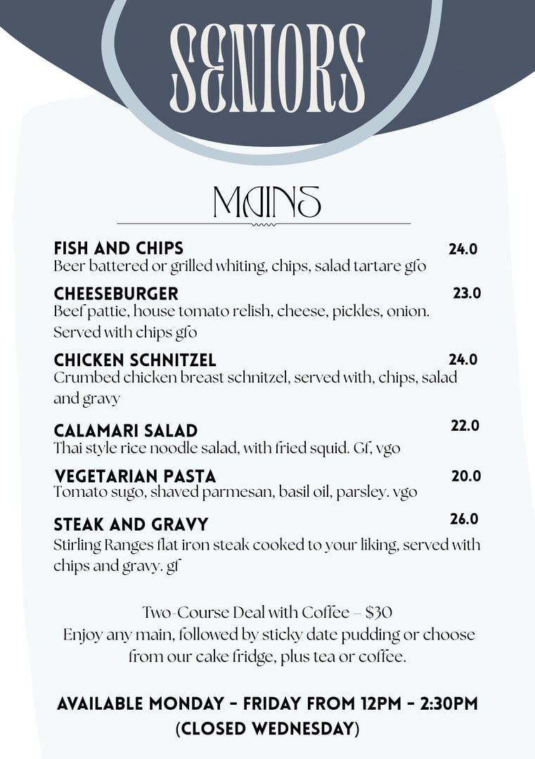 Ponds Bistro Seniors Menu
