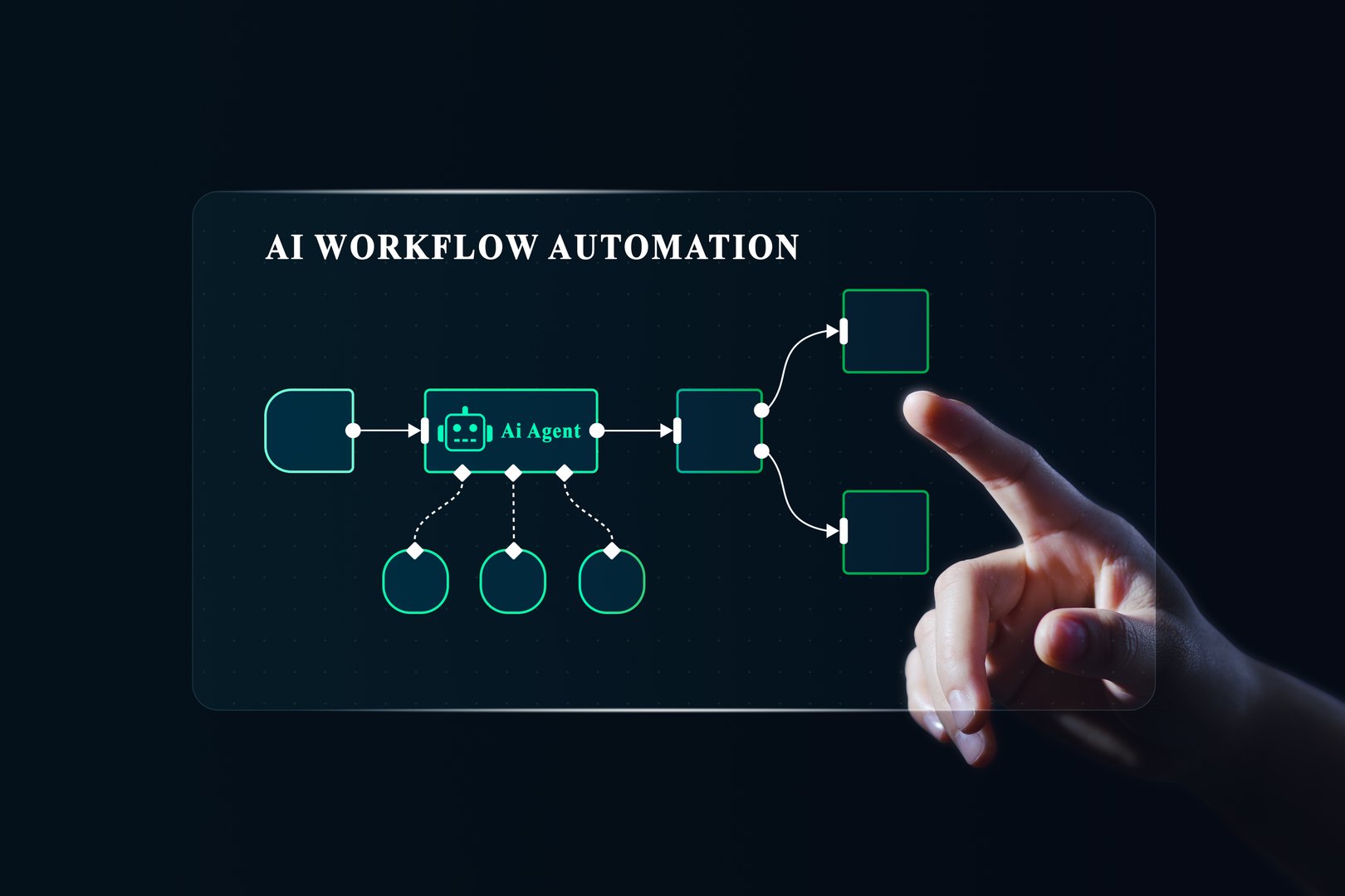 Futuristic interface showing AI workflow automation with digital agent system and human hand interaction, symbolizing artificial intelligence, process optimization, and smart business innovation.