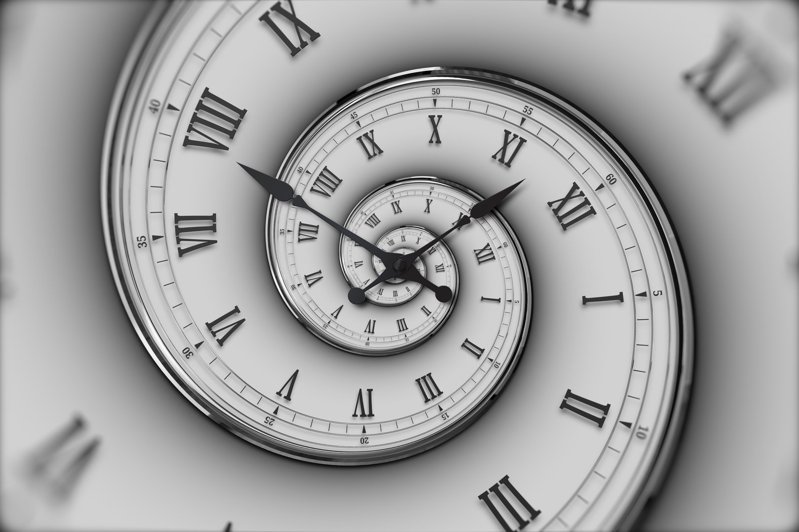 Abstract modern white spiral clock dial with roman and arabic numerals. Concept of Infinite time, deadline, scheduling, time and space, past, present and future.