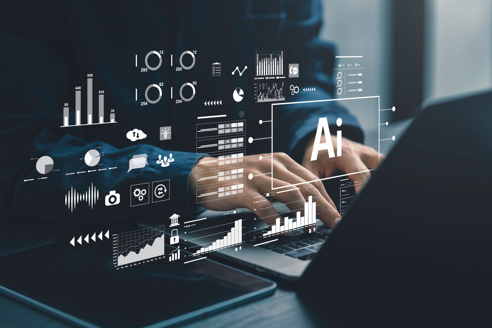 AI, data analysis. Business people use AI to analyze financial related data. big data Complex performance measurement With modern innovative technology