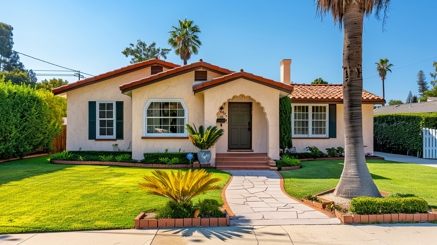 Spanish style single story bungalow home on a residential street in the Palms neighborhood of Los Angeles