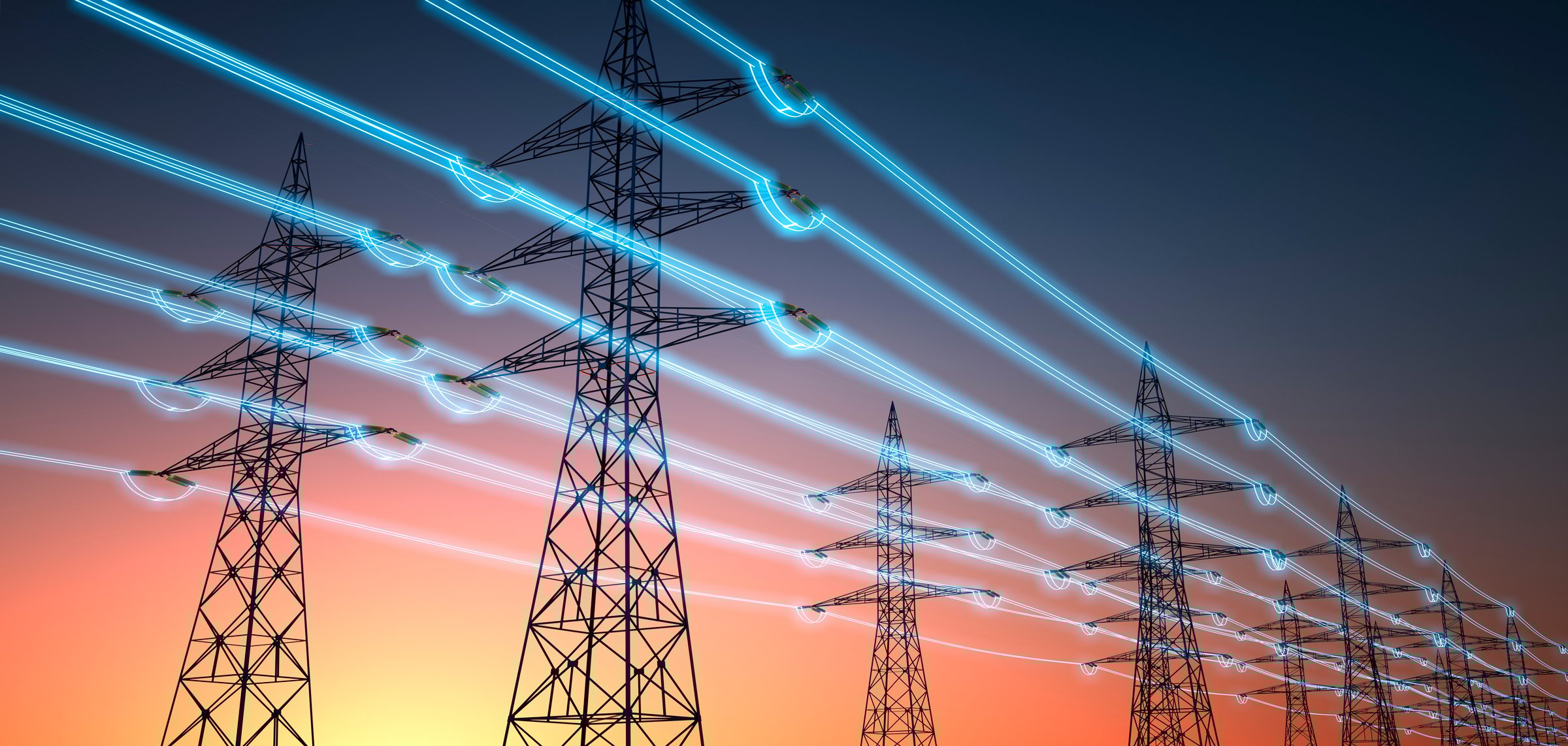 High voltage transmission towers with glowing wires against blue sky - Energy concept