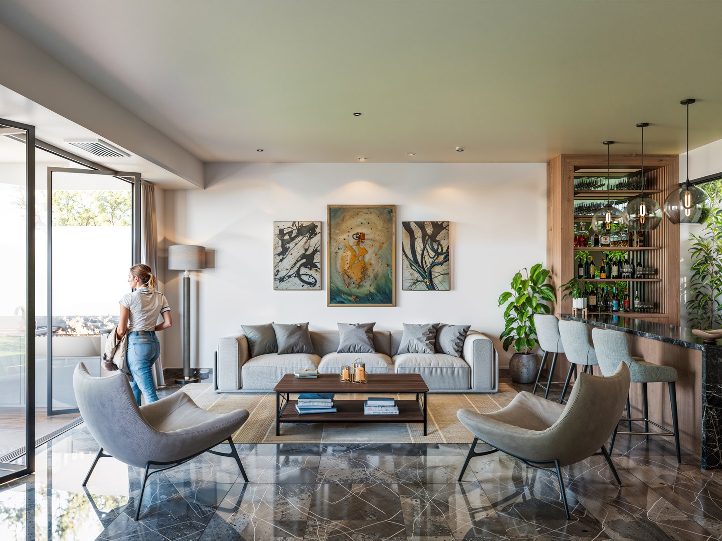 Render arquitectónico nocturno