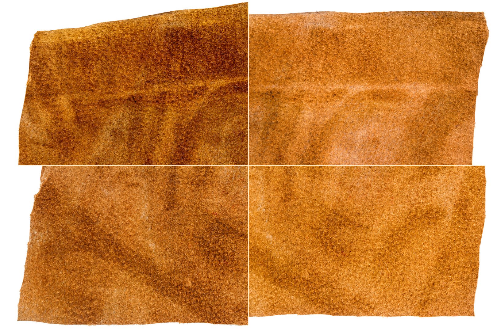 Collection of brown leather textures isolated on white background. Rough uneven edges. Rectangular composite image of leather textures