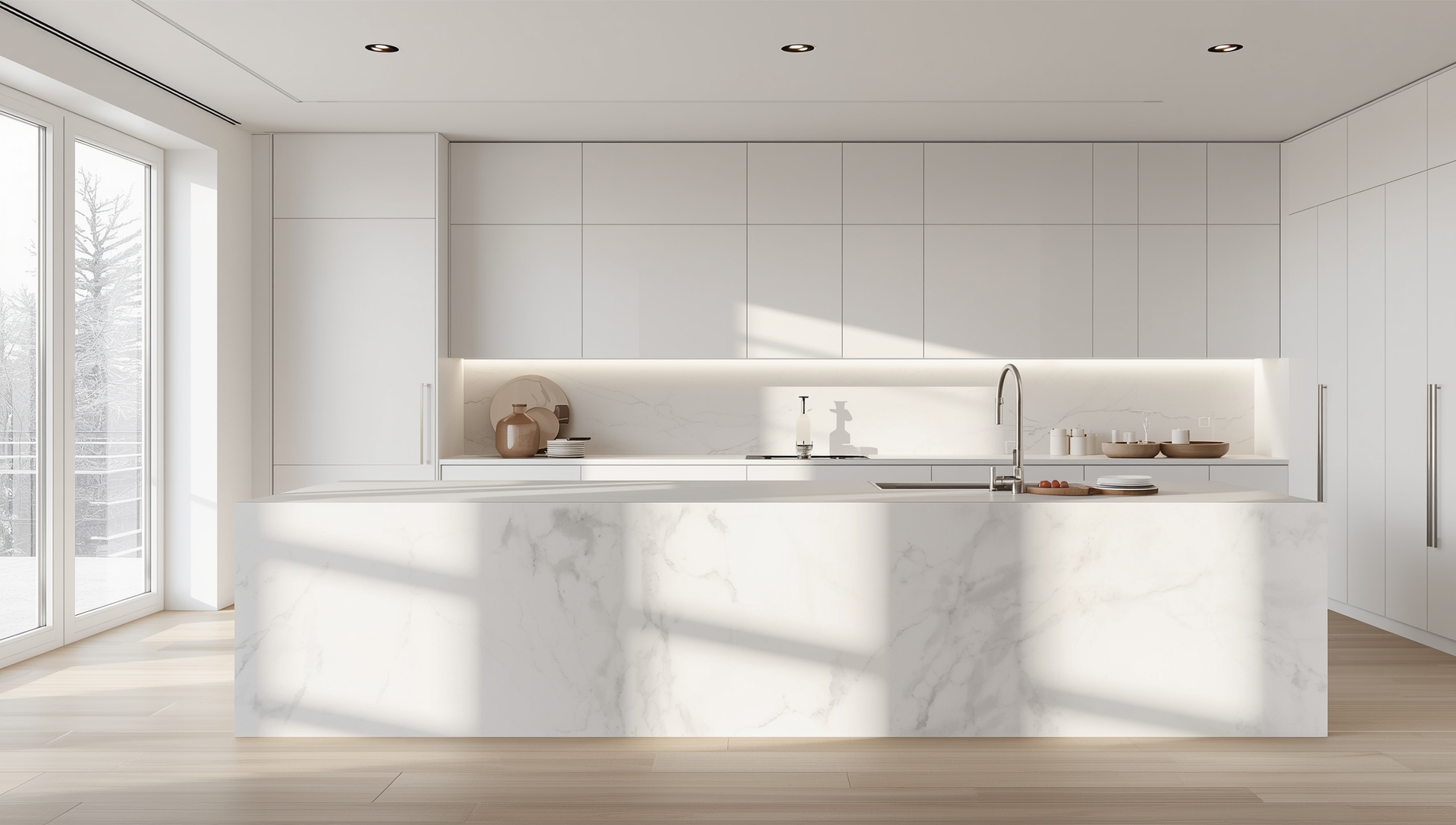 Moderne kjøkken med glatte matte skap og hvit marmor
