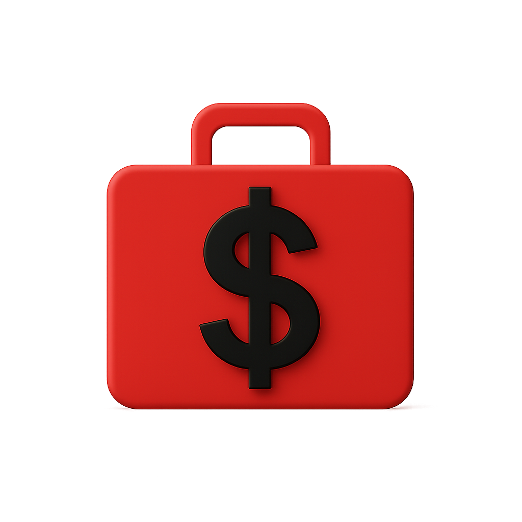 Ícono 3D de billete y monedas rojas para cobranza