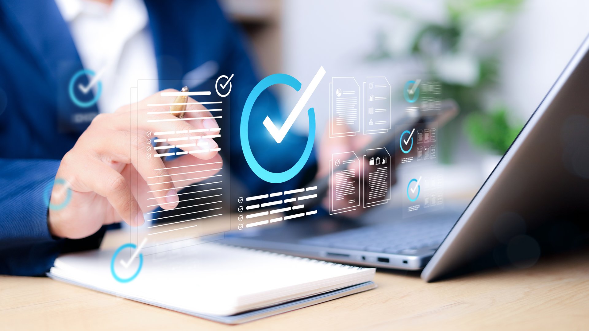 Businessman Take an assessment, Check list, questionnaire, evaluation, filling out an online survey form. Answer the test questions. online survey exam Choosing the right answer in the exam,