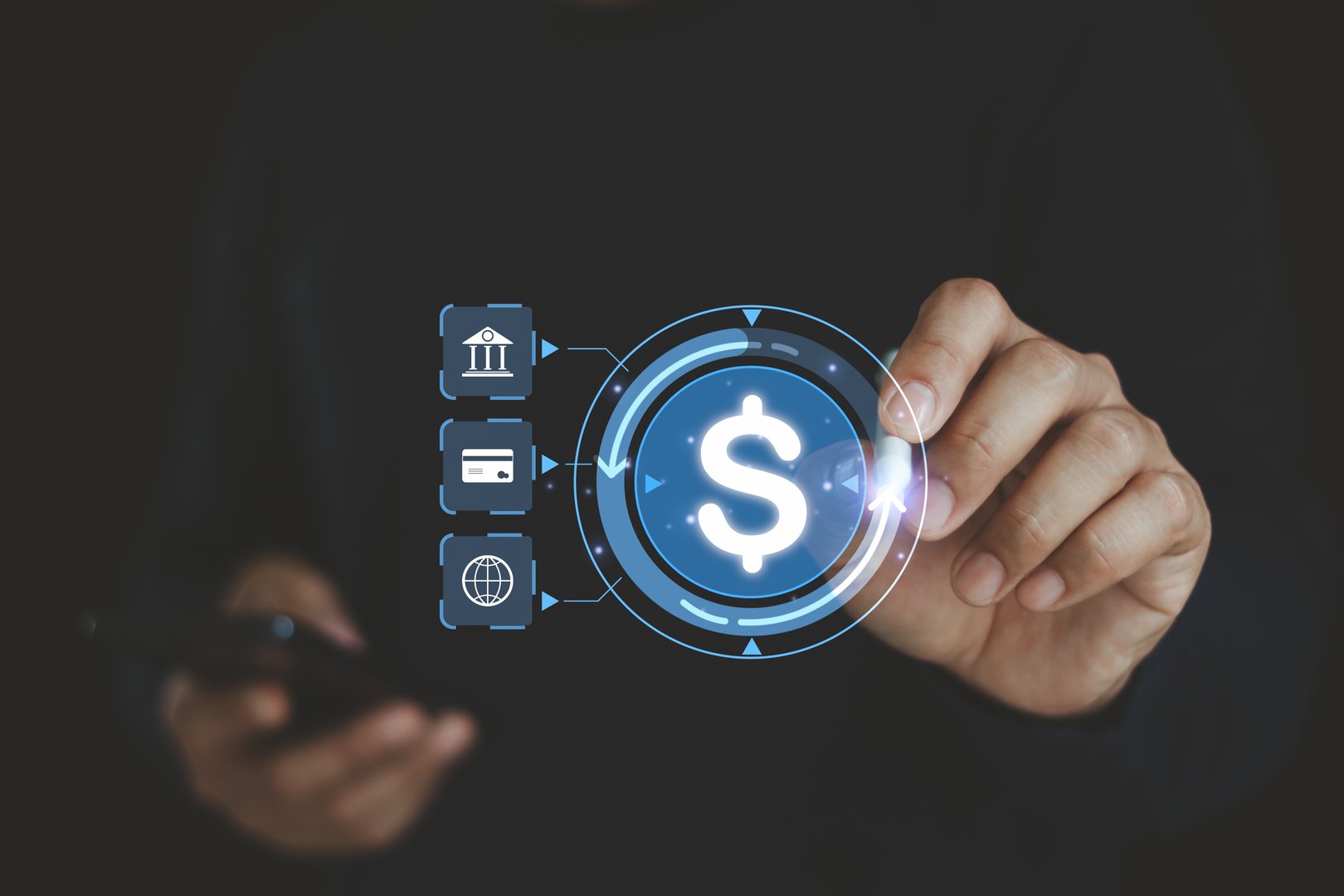 Bank financial transfer money. Currency exchange. Online banking and interbank payment and online shopping. Digital business technology. A person touches an online bank icon on a virtual screen.