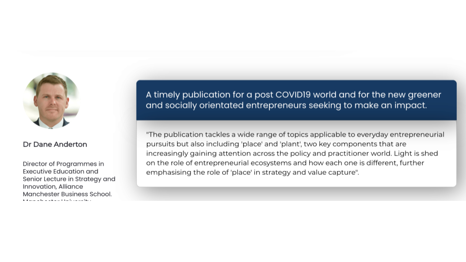 Profile of Dr. Dane Anderton with a quote on post-COVID-19 entrepreneurship and the significance of place and value capture.