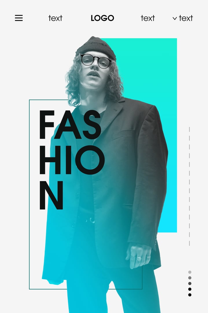 Fashion landing. Stylish man in black suit, beanie, glasses, standing confidently against turquoise gradient background with bold typography and sleek UI elements. Concept of business style, fashion