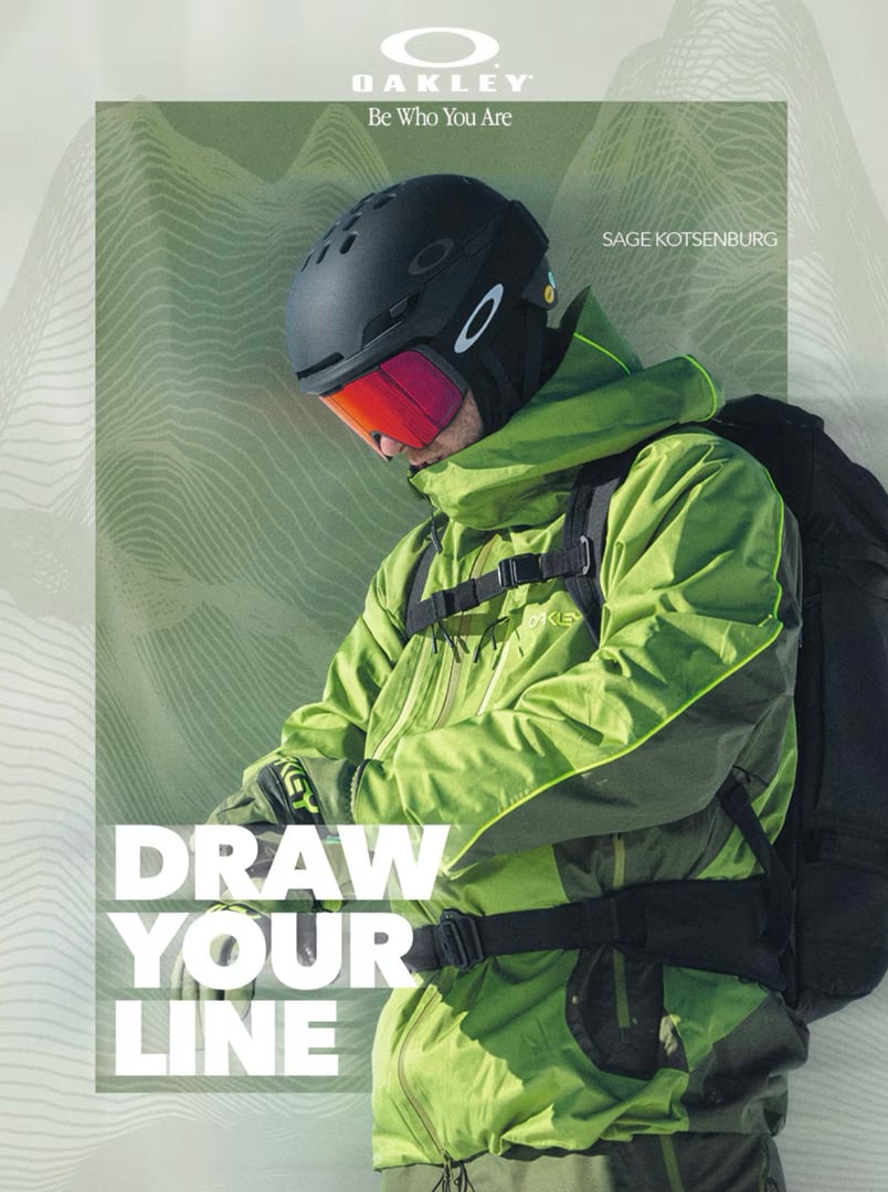 Snowboarder in green jacket and helmet adjusts gear, with text "Draw Your Line" and "Be Who You Are." Oakley branding.