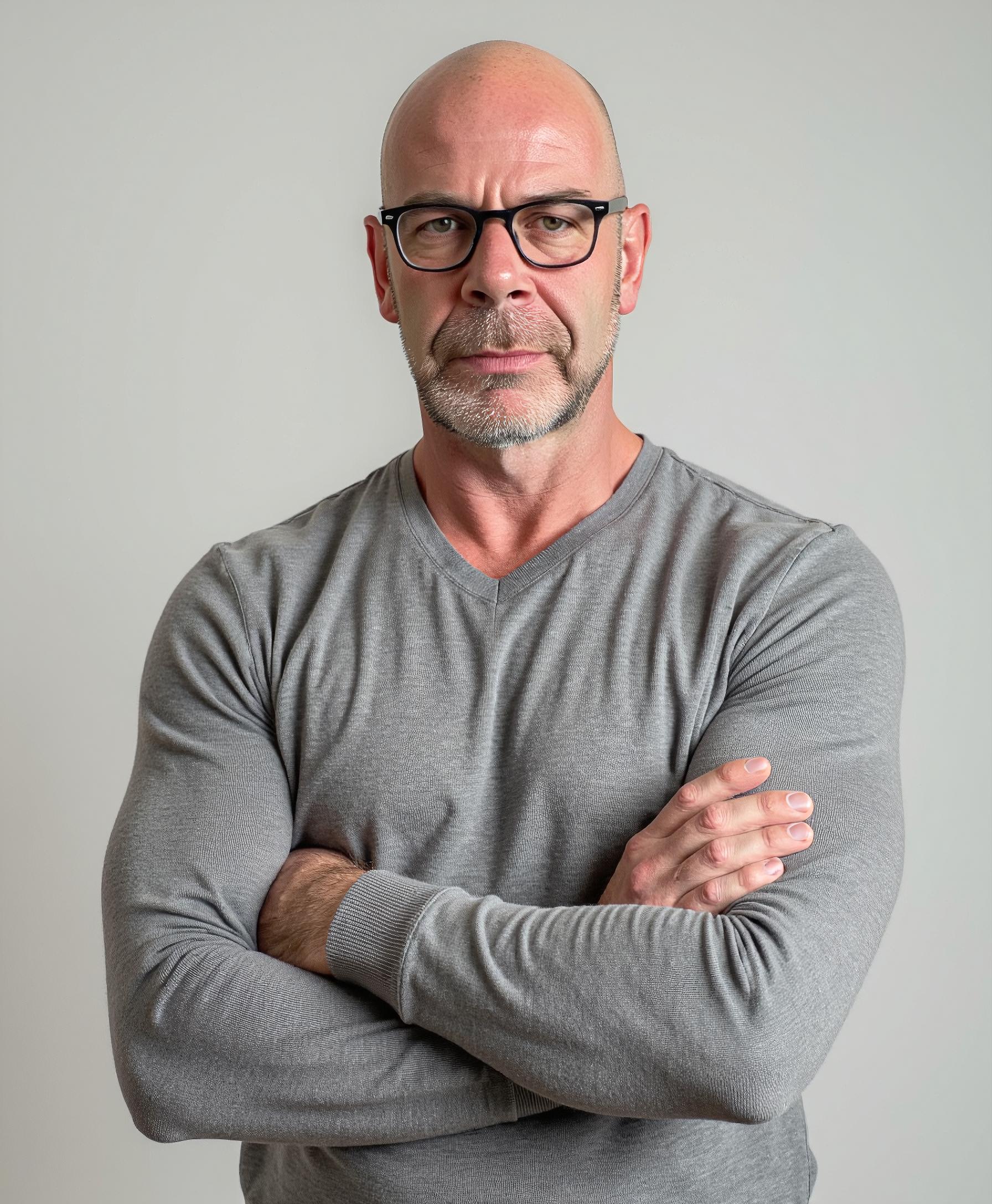 Bald man with glasses in a gray sweater, arms crossed, against a plain background.