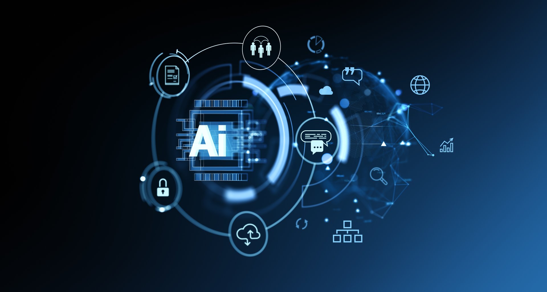 Glowing AI hologram with speech bubble and indicators, chat bot or robot conversation and online helpdesk. Concept of machine learning. 3D rendering illustration