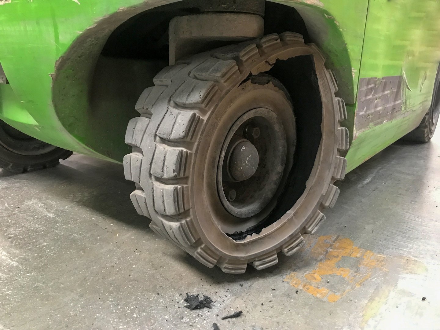 Broken solid tire of forklift
