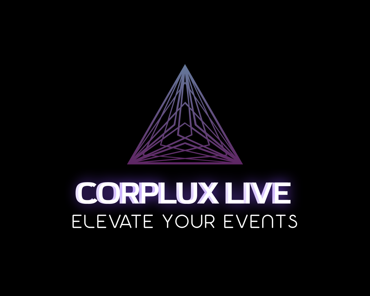 Logo with a wireframe pyramid above the text Corplux Live and the tagline Elevate Your Events on a black background.