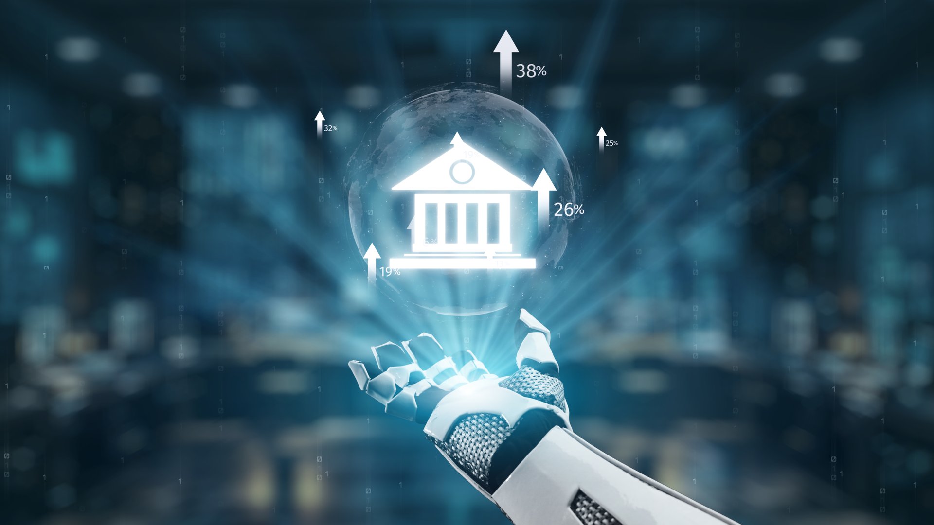 A futuristic robotic hand holds a transparent sphere featuring a bank icon and upward graphs, symbolizing the digital transformation of finance and economic growth. Auvana