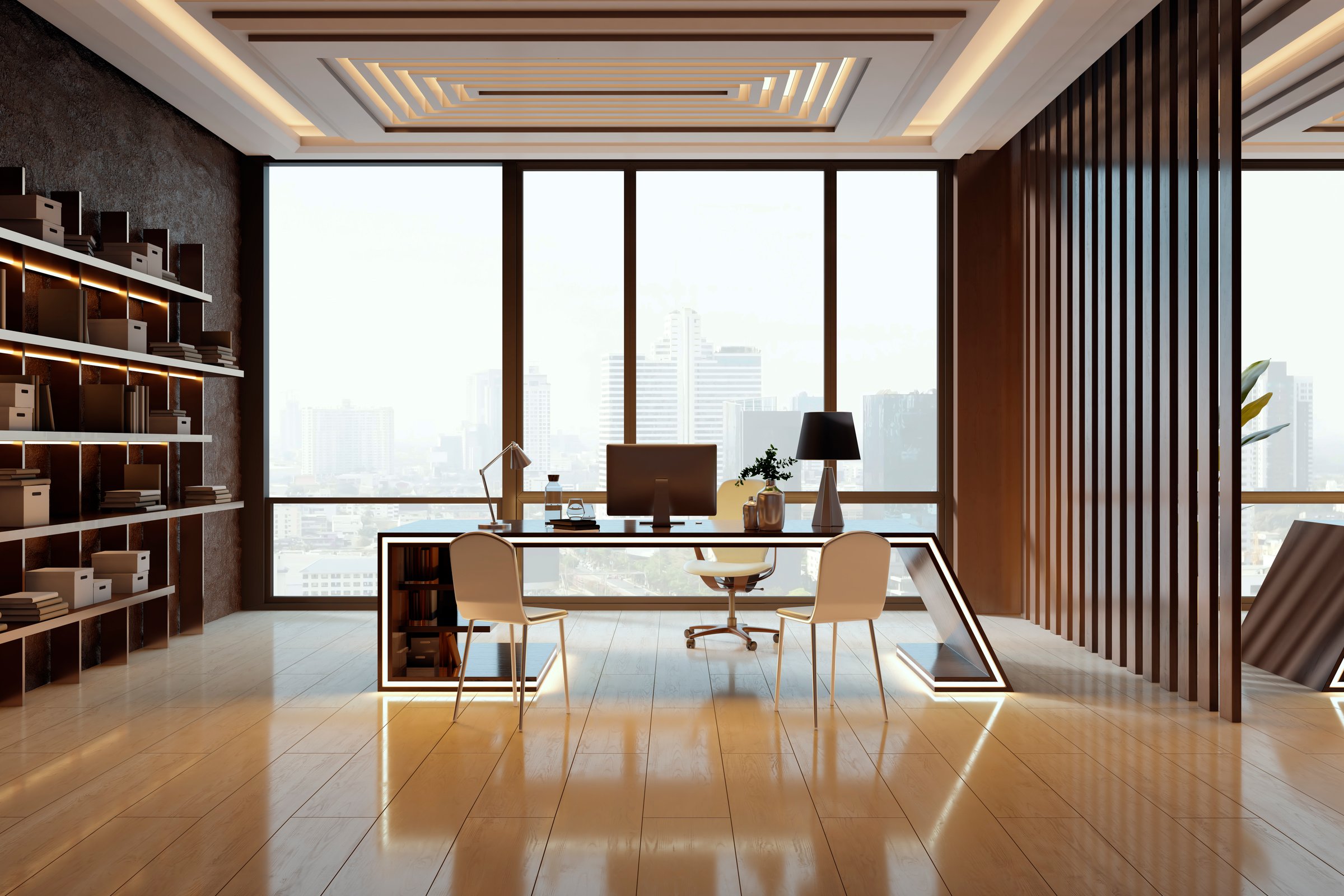 Sophisticated modern office interior with glass desk, bookshelves, cityscape view, wooden floor, and stylish ceiling lights. 3D Rendering
