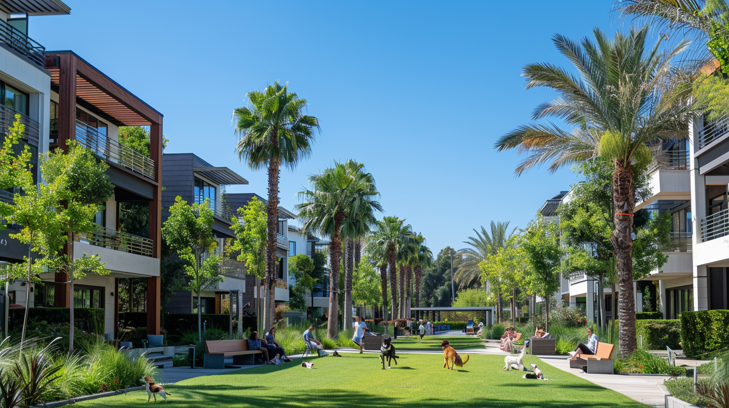 Dogs playing at a neighborhood dog park in Playa Vista Los Angeles near modern townhomes and palm trees