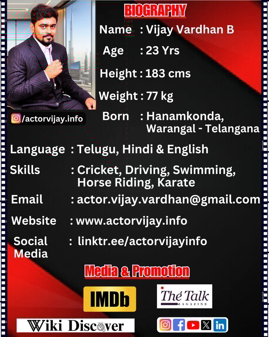 Profile of Vijay Vardhan B with personal details, skills, contact info, and media links in a biography format.