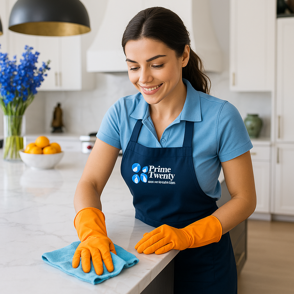 Professional housekeeper cleaning kitchen close up