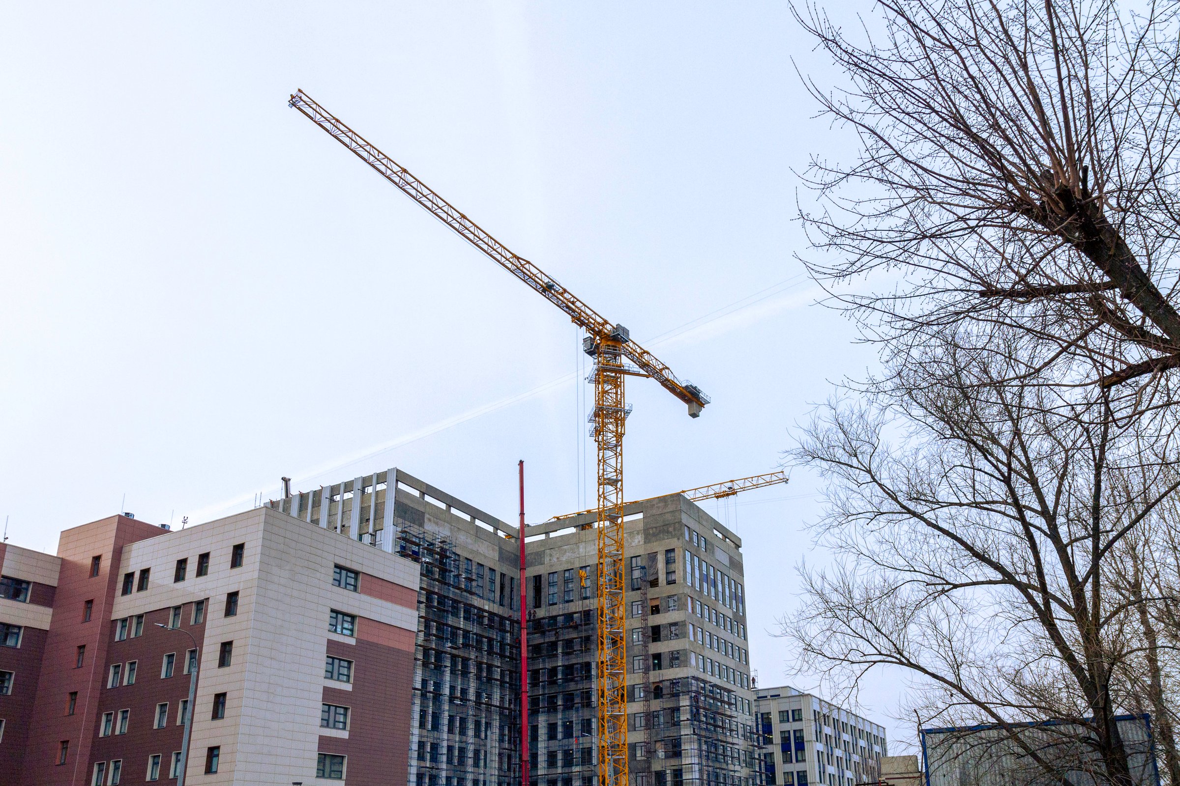 A modern construction site in the city with high-rise residential buildings and large yellow tower cranes. Urban development and growth of the real estate market in a metropolis. Industrial architecture, infrastructure expansion and urban modernisation. Leafless trees and a clear blue sky in early spring.
