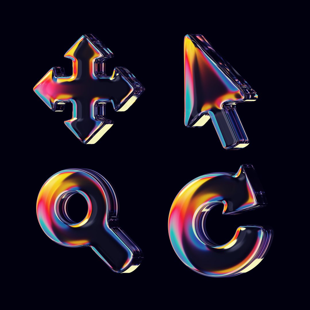 Set of 3d rendered colorful icons with smooth rainbow reflections