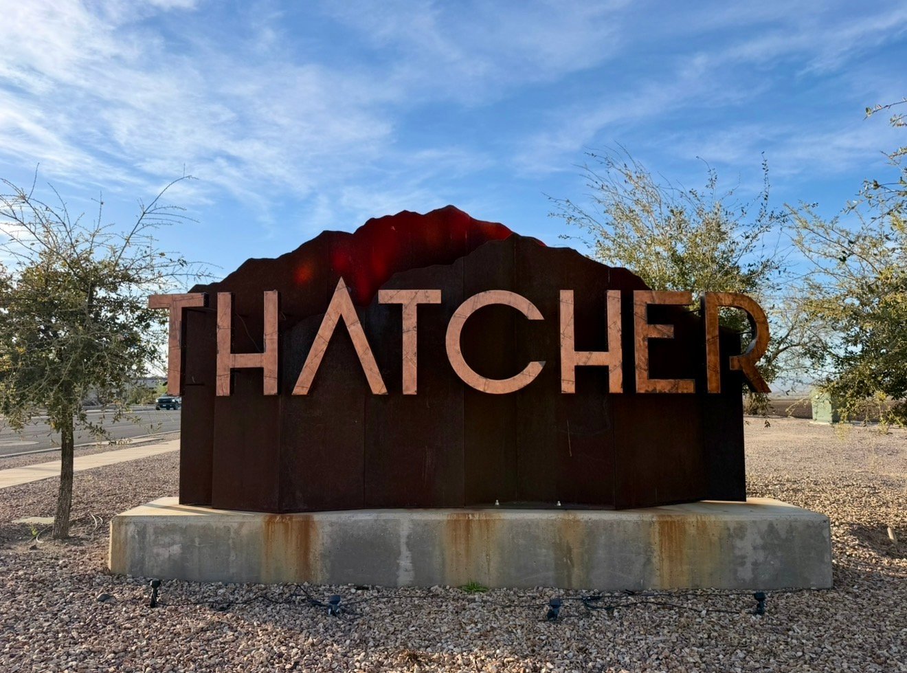 Town of Thatcher Decorative Metal Sign - Copper Letters with Rusted Mountain Backdrop