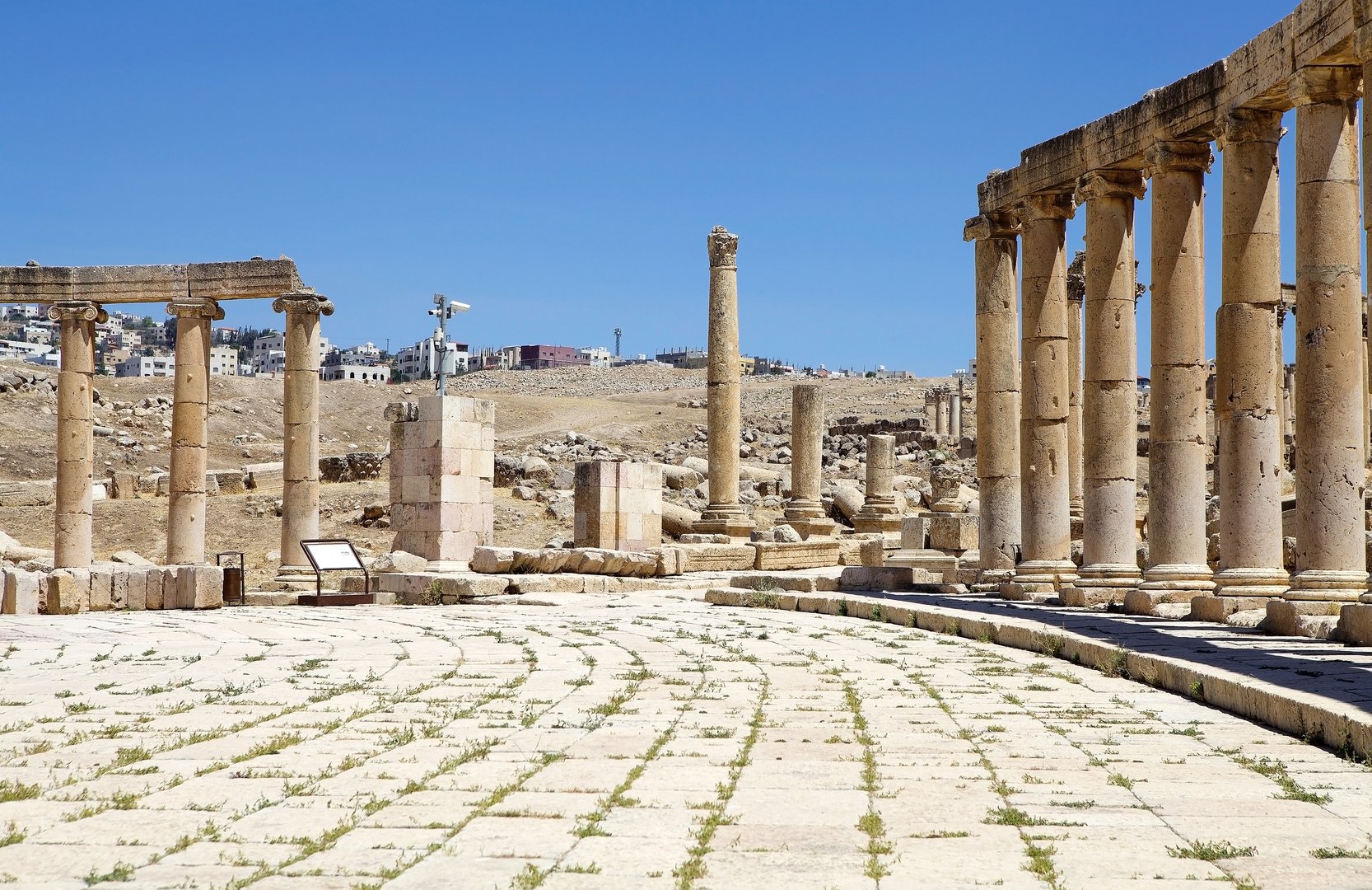 The ancient city of Gerasa, now Jerash, Jordan.The Oval PLaza. The Greco-Roman city of Jerash flourished during the Greek, Hellenistic, Roman and Byzantine periods when it was known as Gerasa