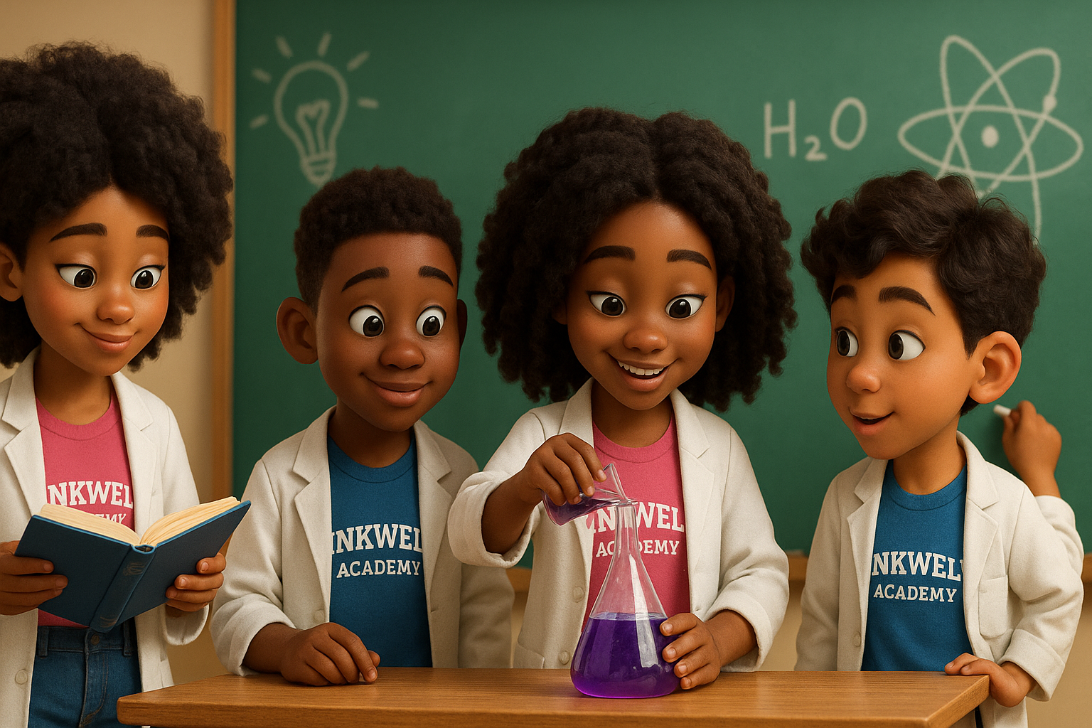 Panoramic view of Inkwell Academy's main campus building surrounded by educational gardens and outdoor learning spaces