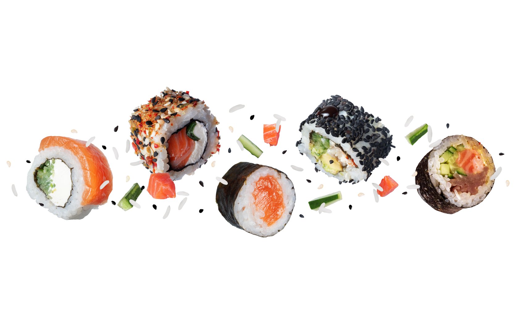 Levitation of various sushi rolls with ingredients in the air on a white background
