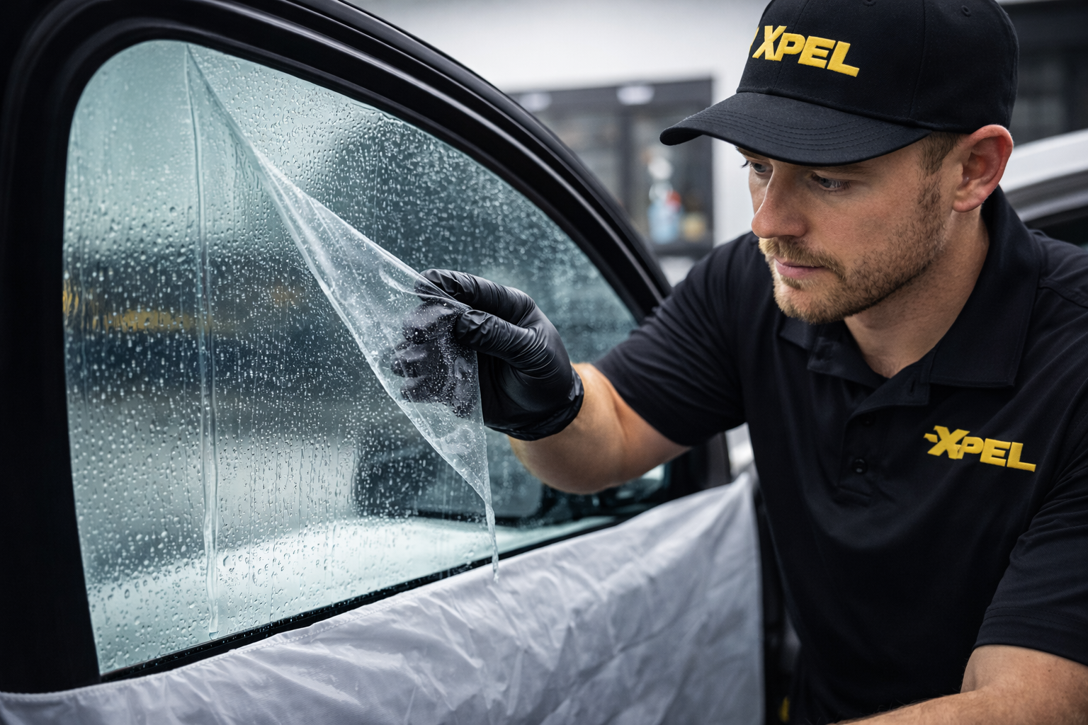 Caucasian female worker pressing squeegee blade against protection film positioned on windscreen