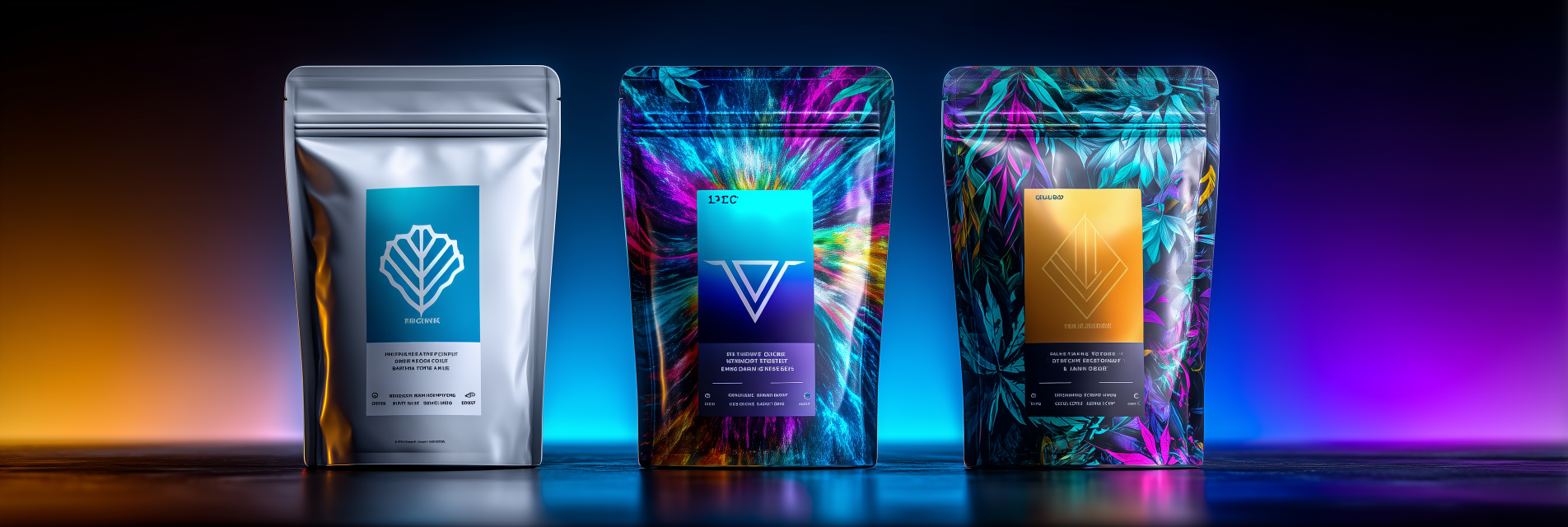 Three vibrantly designed coffee bags with abstract patterns and logos, set against a colorful gradient background.