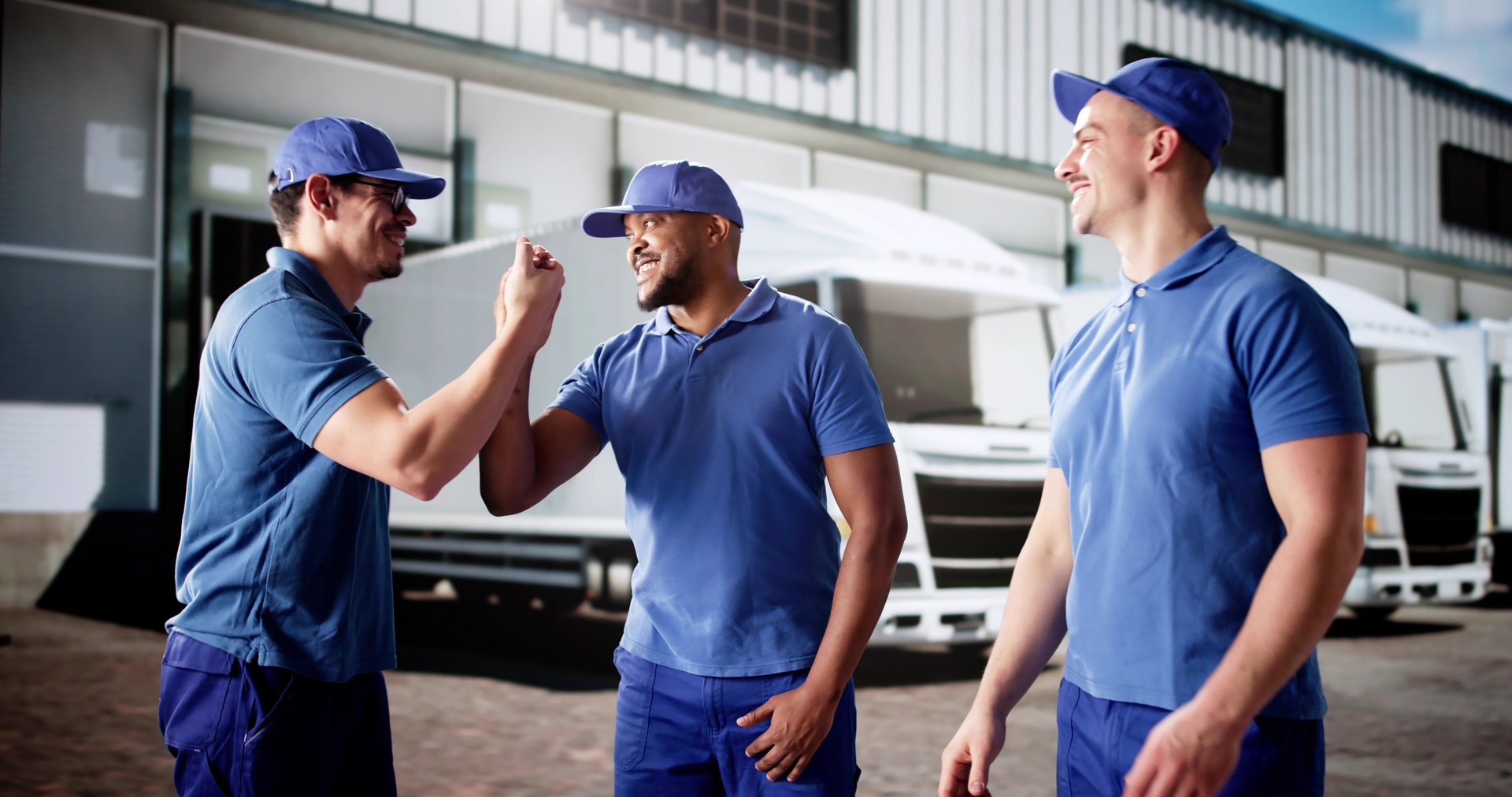 Diverse group of happy truck drivers shaking hands at warehouse.