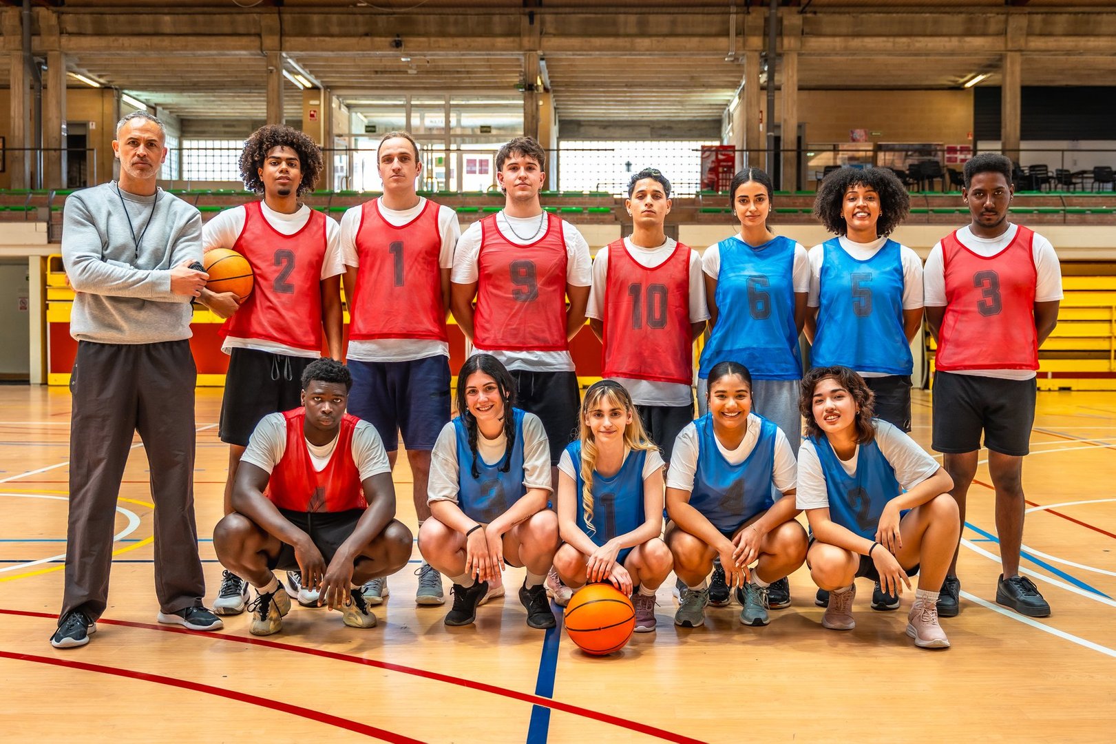 Multi-ethnic high school basketball team posing together with their coach in a gym, showcasing teamwork and school spirit while smiling happily