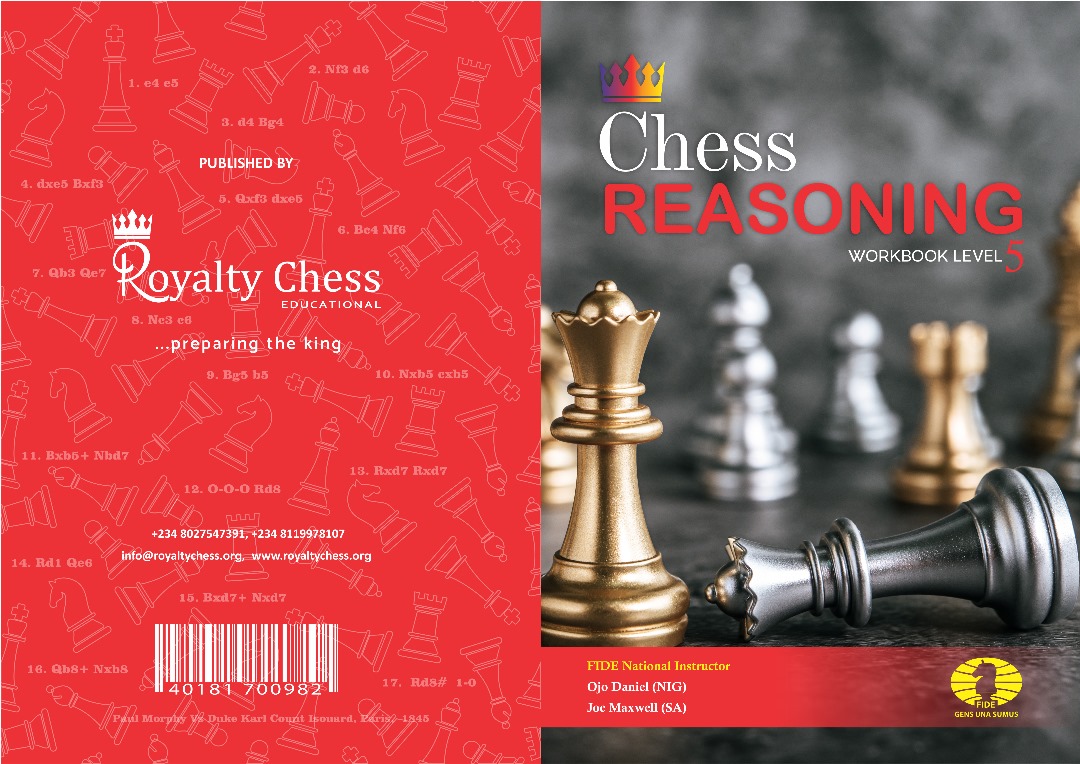 Chess workbook cover showing a chessboard with pieces and Chess Reasoning Level 5 by Joe Maxwell for Royalty Chess.