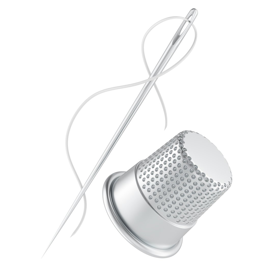 Thimble and Sewing Needle with Thread, 3D rendering isolated on white background
