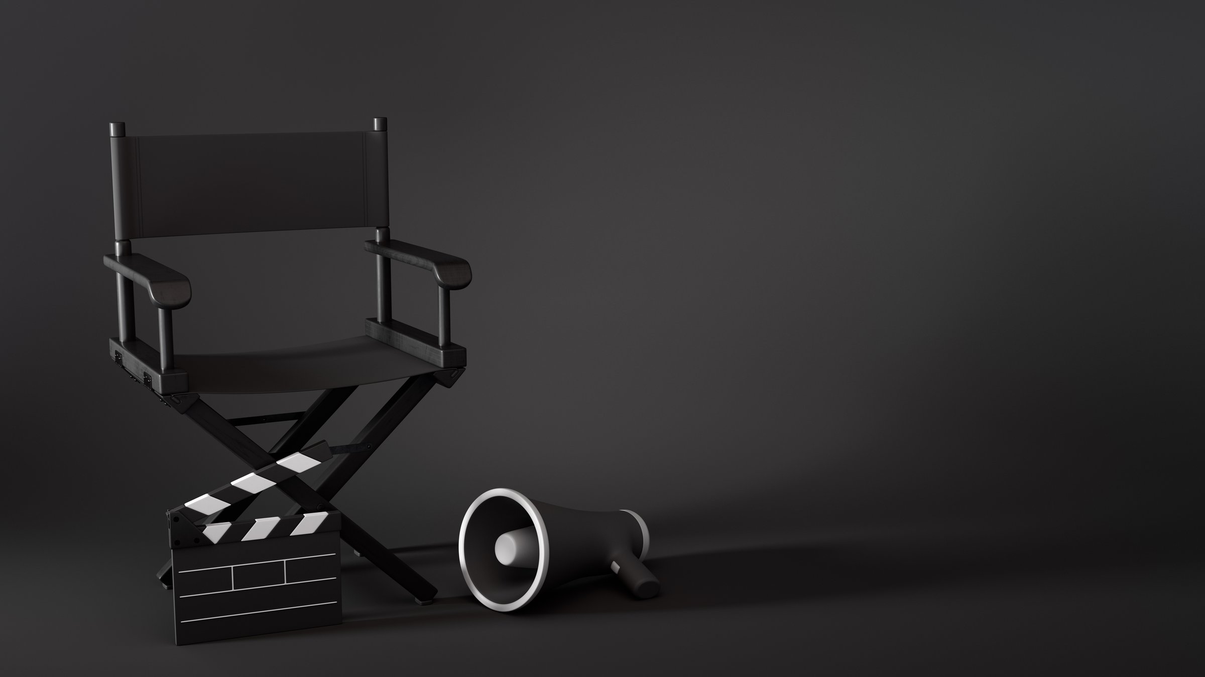 Directors chair with clapperboard and megaphone on black background. Filmmaking scene concept. 3D rendering