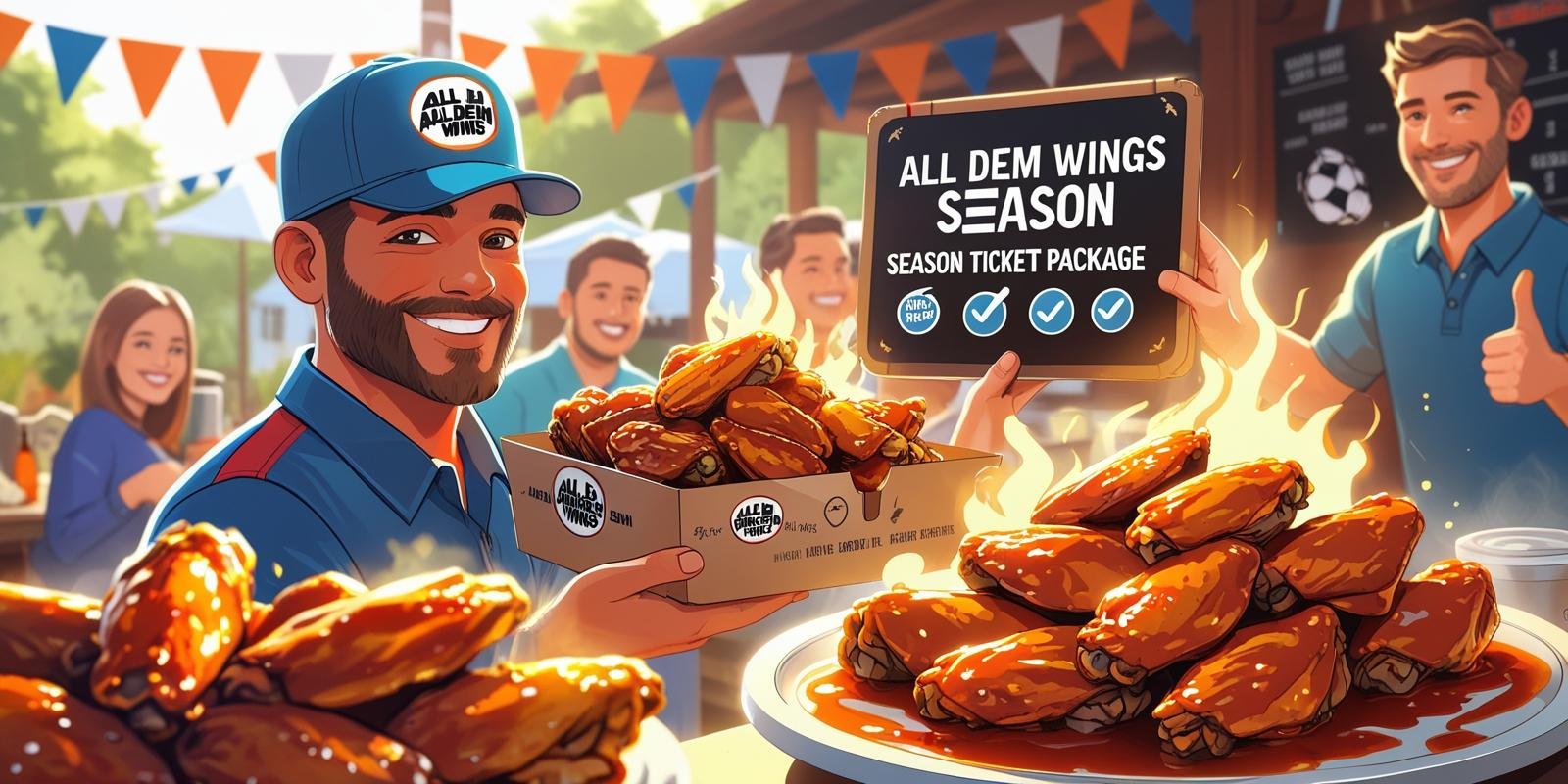 Smiling server offers a box of wings at an outdoor event with a sign promoting a wings season ticket package.