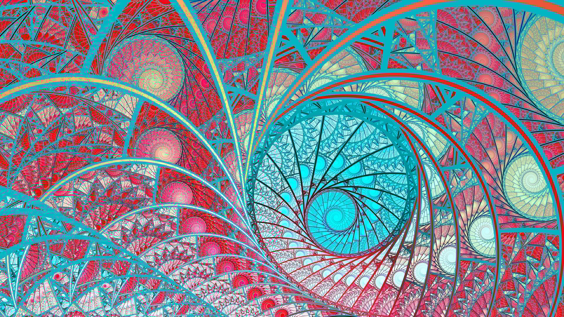 Intricate spirals fractal art abstract mosaic background in turquoise and red.