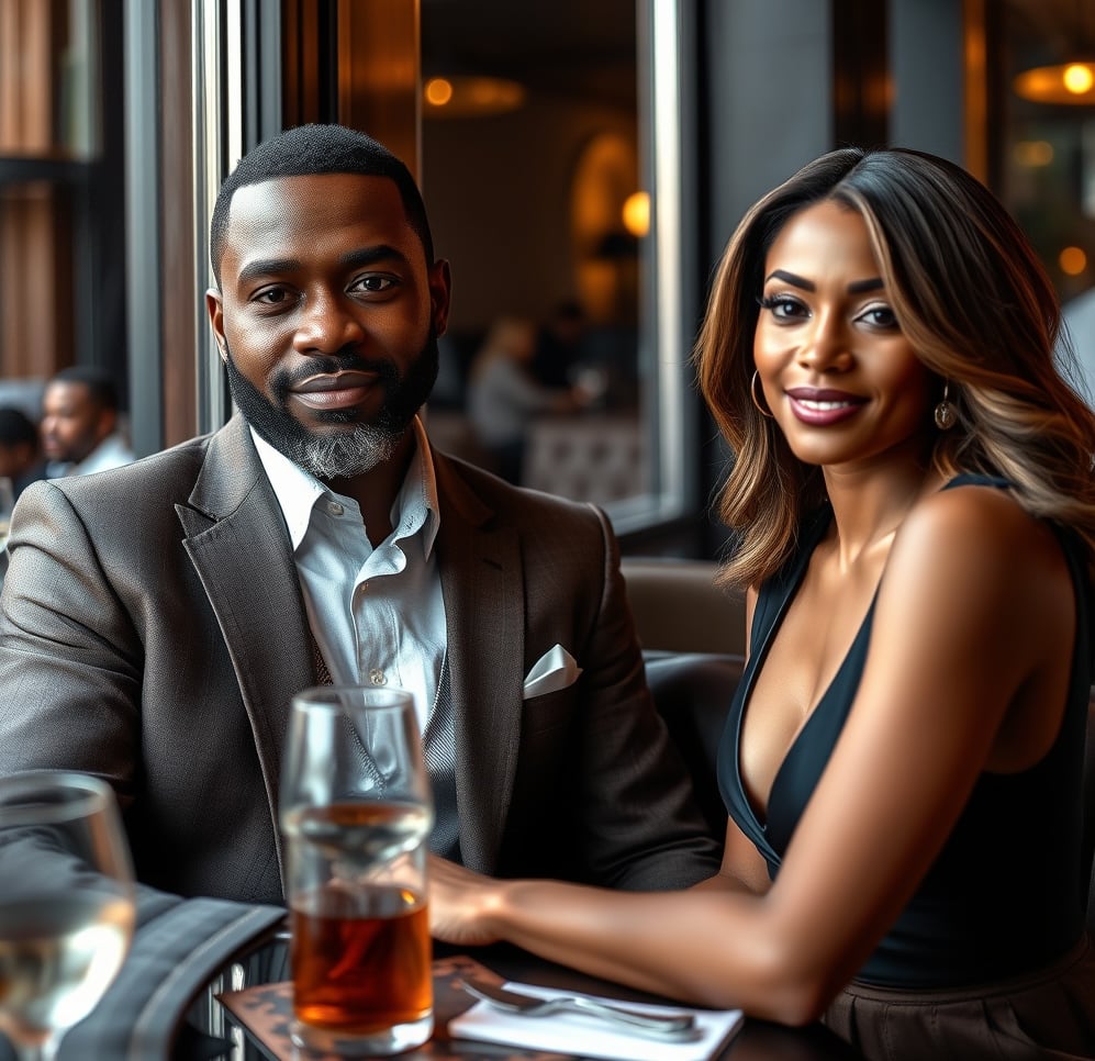 A couple in formal attire smiles while sitting at a restaurant table with drinks, in a warmly lit ambiance.