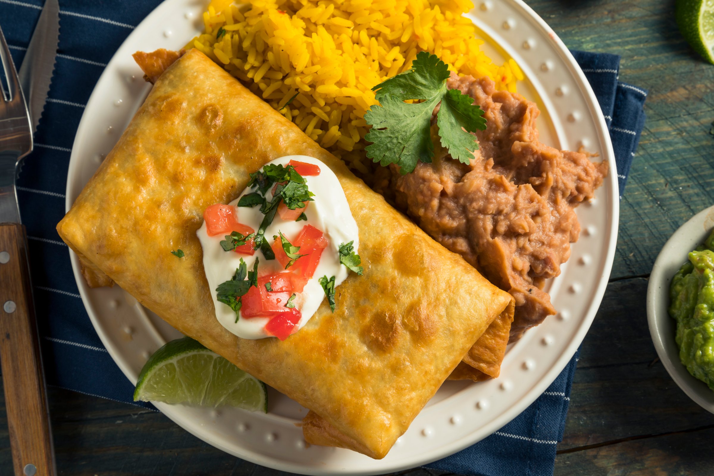Deep Fried Beef Chimichanga Burrito with Rice and Beans