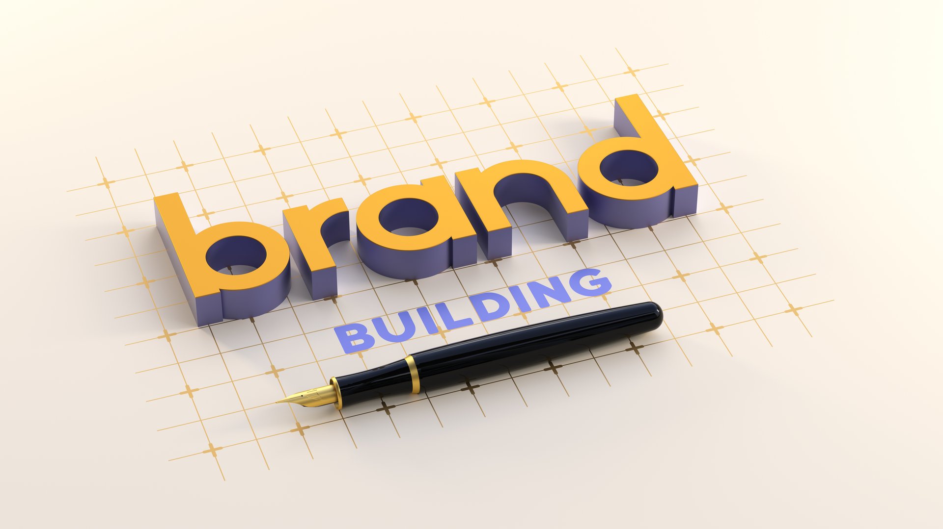 This 3D render depicts a composition where "Brand" and "Building" are written on technical drawing paper. The "Brand" text is given a three-dimensional thickness, making it stand out prominently, while "Building" is written below it. A fountain pen lies on the drawing paper, symbolizing the process of brand creation and the concept of building a brand.
